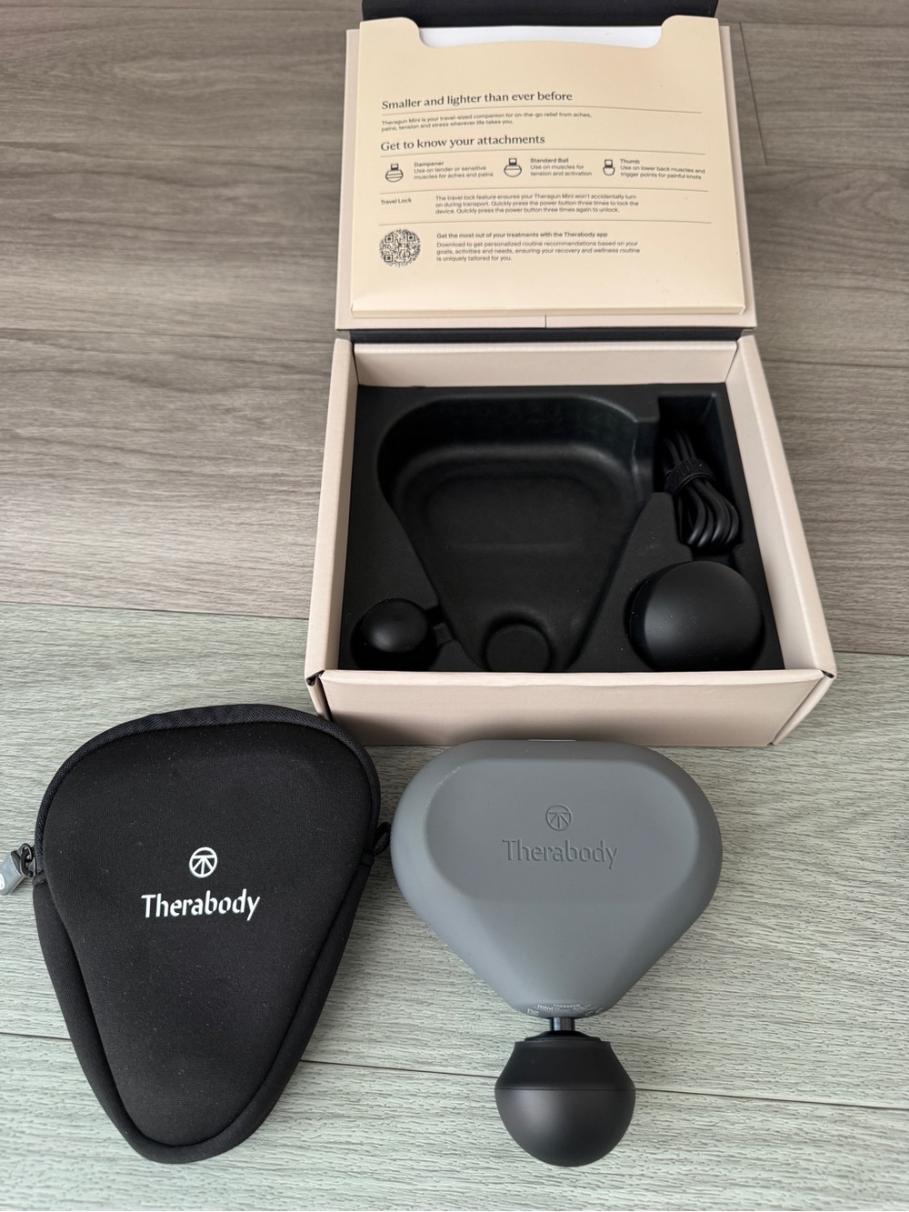 Therabody Gray Mini Percussion Massage Gun with Black Case and Attachment